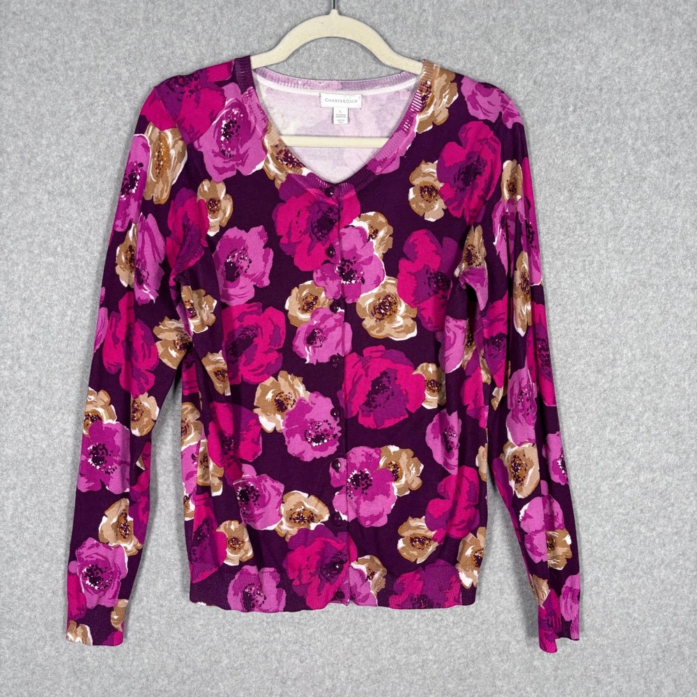 Charter Club Cardigan Sweater Large Purple‎ Pink Floral Thin Maximalist Feminine